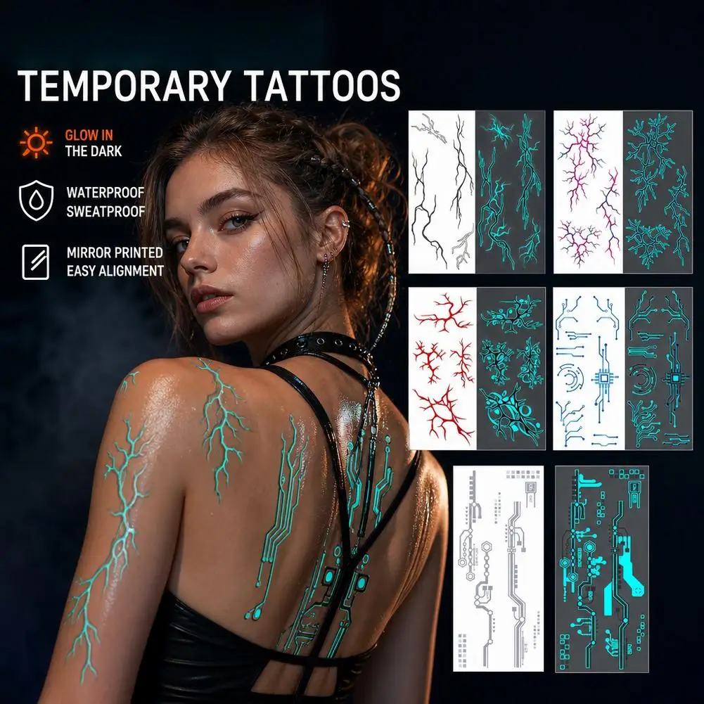 2 Sheets Large Glow In Dark Cyberpunk Mechanical Temporary Tattoos Sci-Fi Robot Line Waterproof Stickers for Cosplay Party