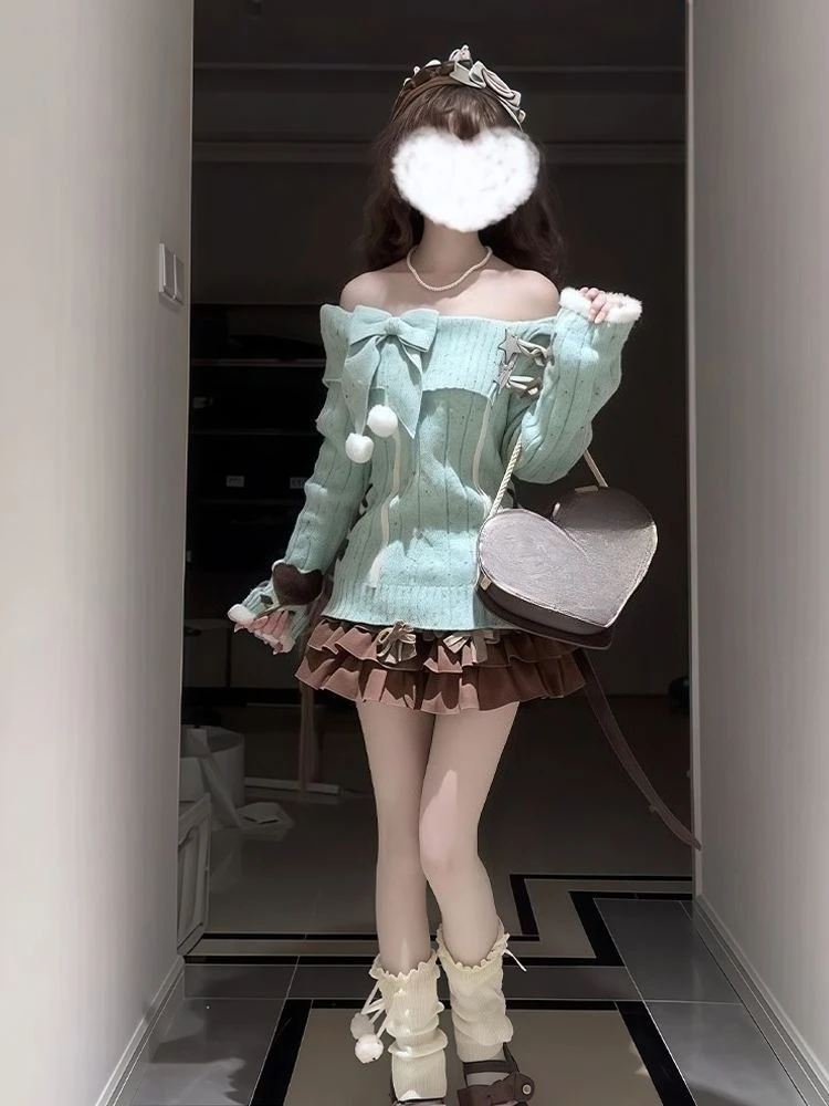 Outono inverno doce sexy y2k e-girls fino ajuste jumpers fora do ombro camisola de malha casual manga longa moda coreana pullovers