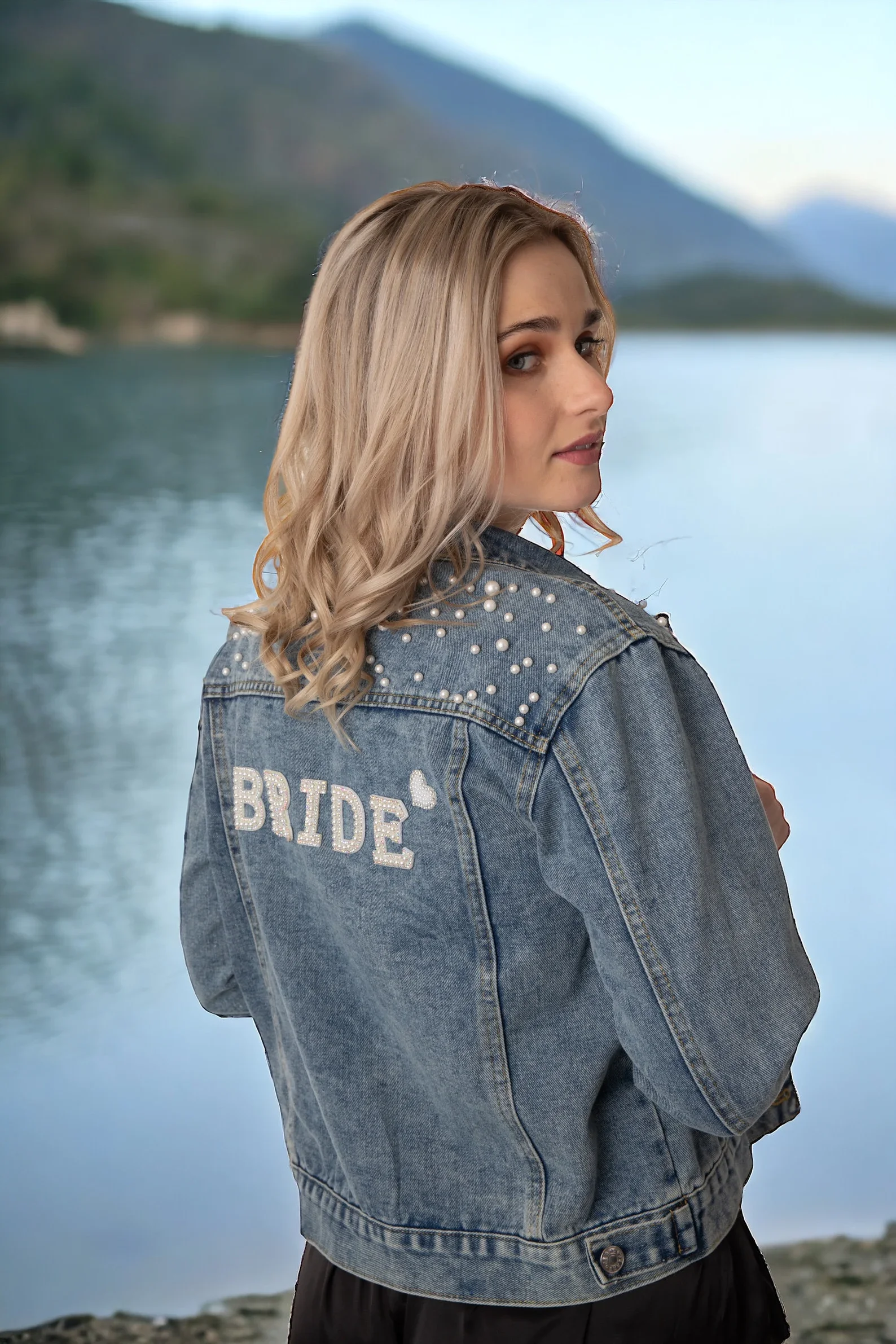 Bride Denim Jacket with Customization Custom Personalized Name Pearl Denim Jacket Wedding Gifts Honeymoon Wifey Mrs Jackets Coat