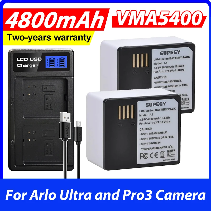 2Pcs 3.85V 4800mAh Battery + USB Charger for Arlo Ultra and Pro3 Camera (VMA5400)