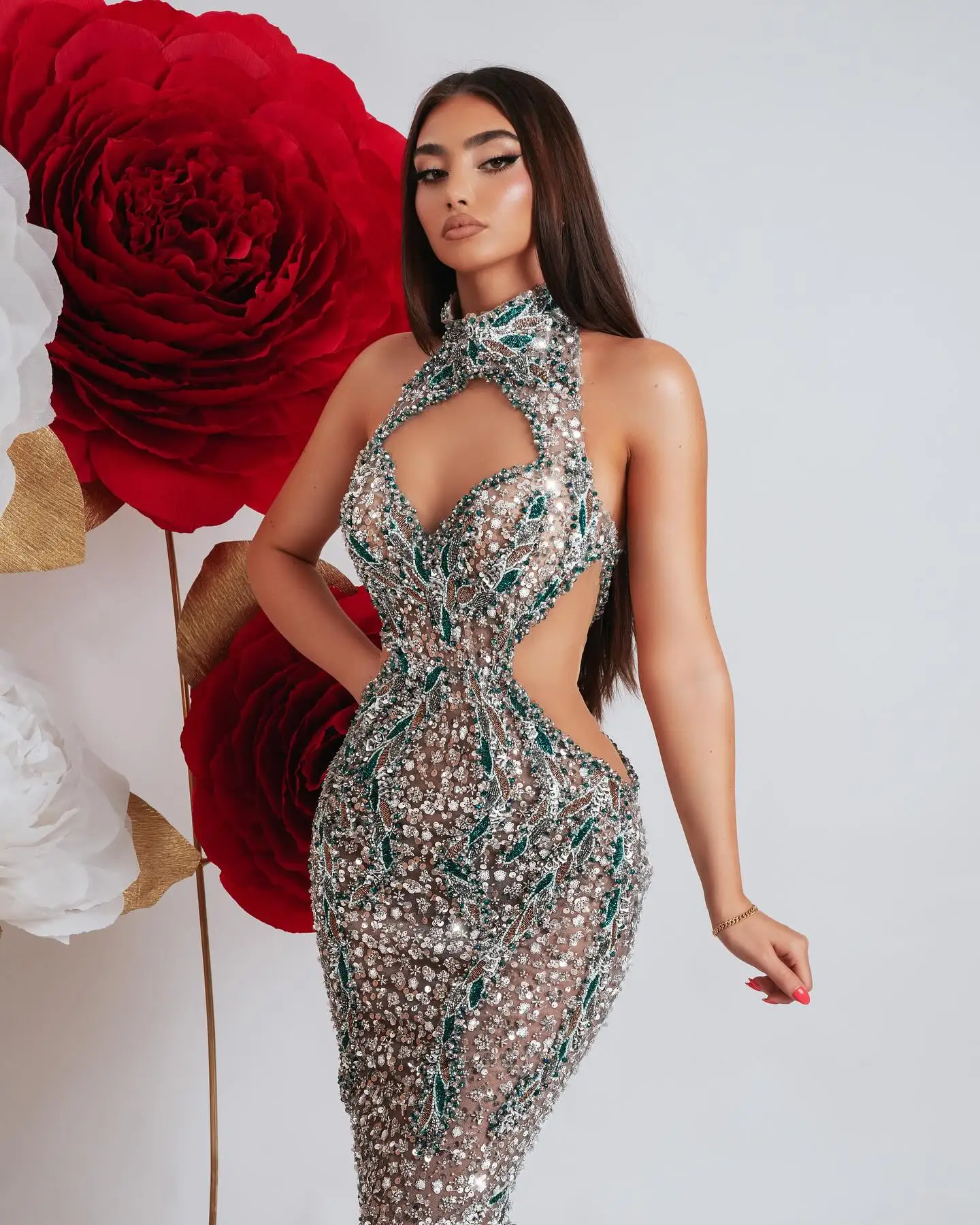 VC sprankelende groene pailletten kristallen uitgesneden zeemeermin mouwloze jurk voor ballenfeest