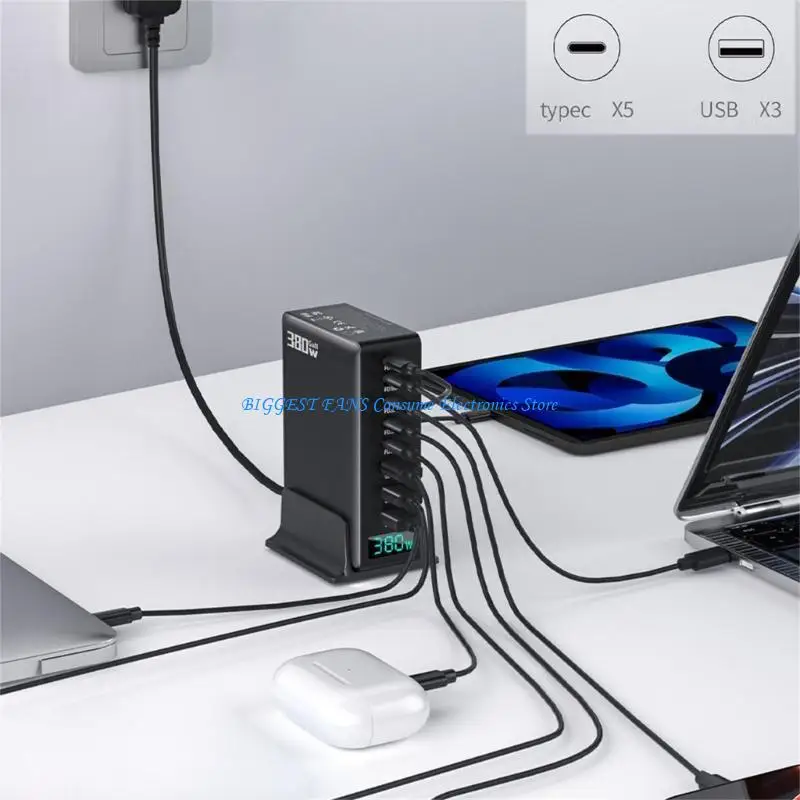 

F68B 380W настольная зарядная станция с 8 портом, включая 5 типа C и 3 USB A Port