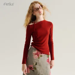 ARTKA 2024 Autumn New Women Knitwear Elegant Slim Diagonal Shoulder Lace-up Knitwear Soft Wool Knitted Top Female ZB92245Q