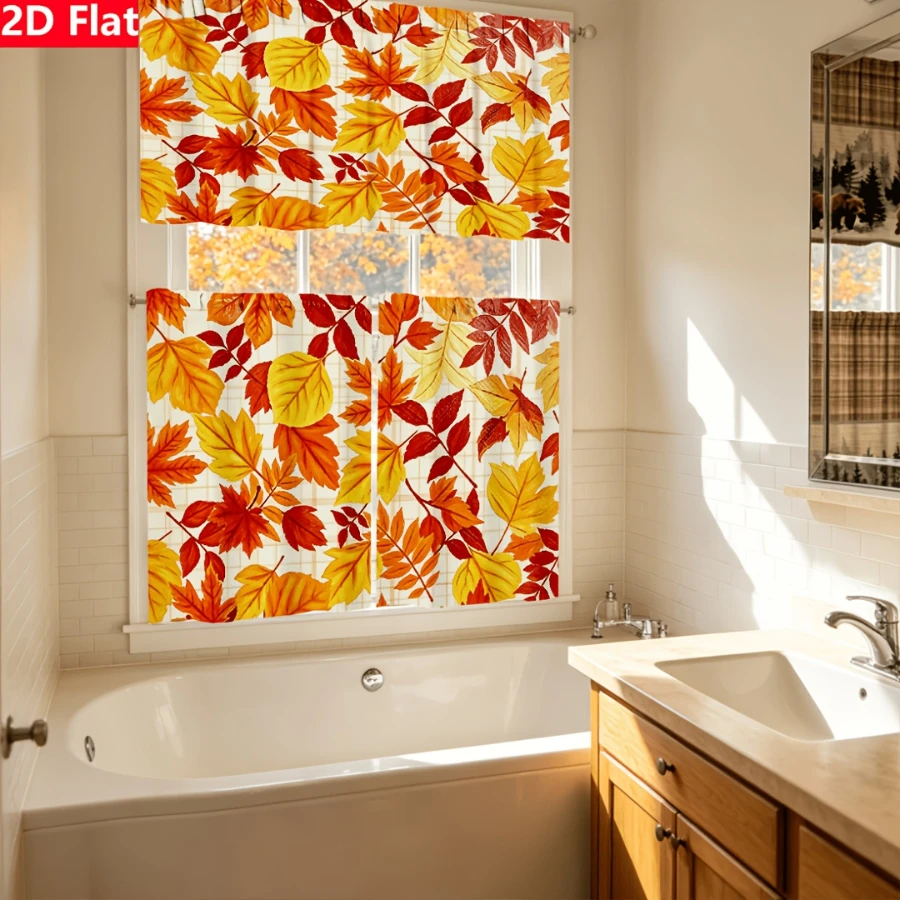  Fall Autumn Leaves Full Print Kitchen Curtain, Warm Fall Colors Maple Leaf Window Decor for Kitchen Bedroom Living Room