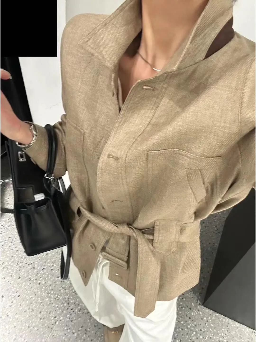 

Парижское винтажное льняное пальто цвета хаки с модным воротником, женское, свободного кроя, повседневное, с длинными рукавами, средней длины