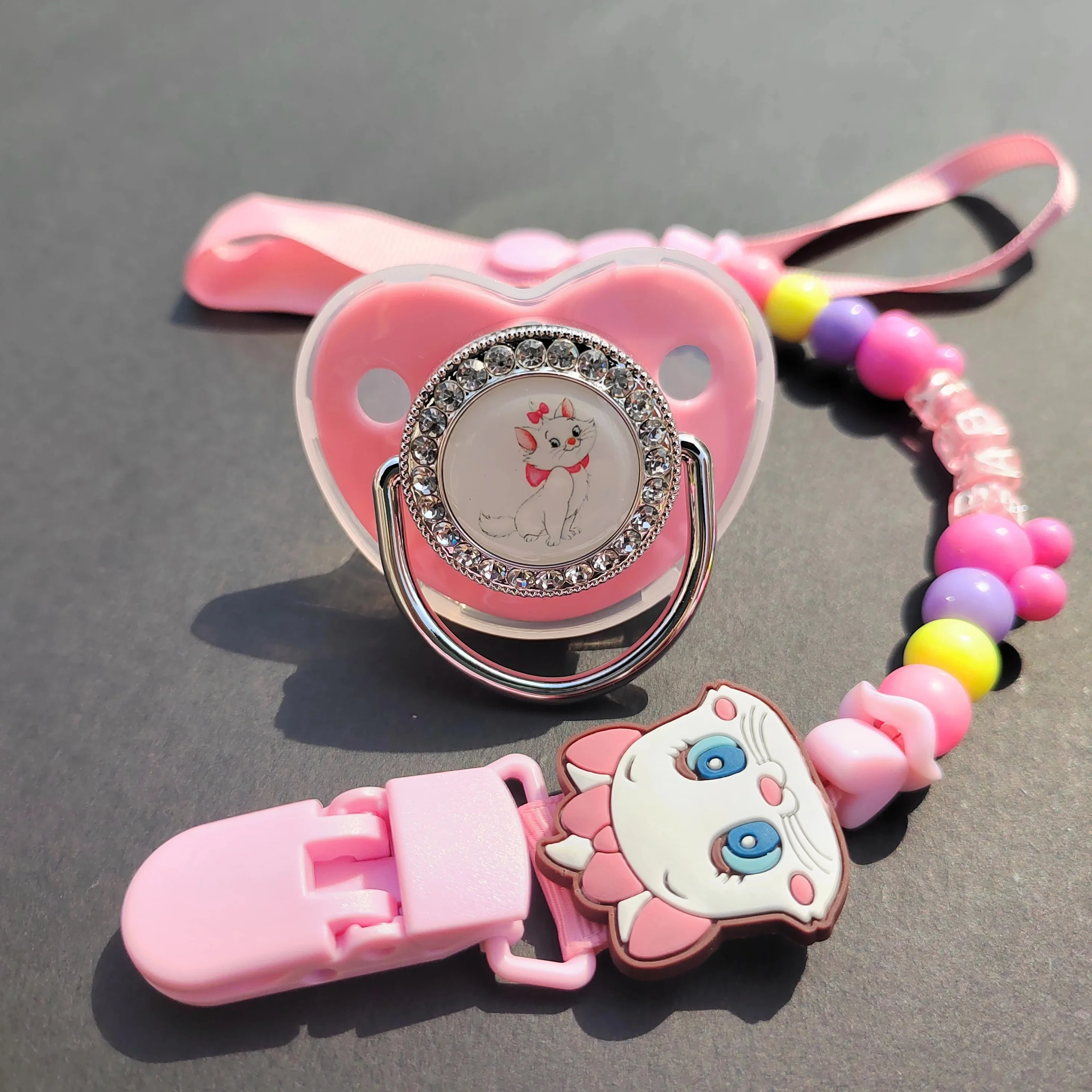 2024Kawaii Baby Personalized Pacifier Clip Pink Mary Cat Bling Luxury Pacifier holder Silicone newborn nipple Baby cleaning gift