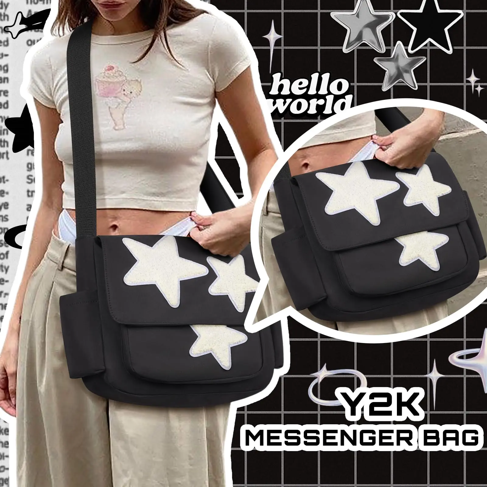حقيبة ساعي البريد اللطيفة، حقيبة كروس جمالية، حقيبة يد Y2K Star Grunge Bag Emo للسيدات بكتف واحد A-DH #4