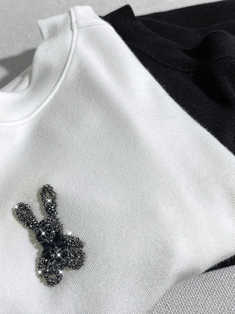 Women\'s Short Sleeved T-shirt Summer New Sparkling Diamond Star Rabbit Fashion High Elastic Soft Versatile Oversized Top