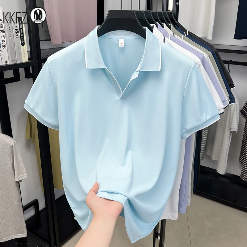 Wrinkle resistant lapel polo tee for men contrast collar piping soft stretch ice silk travel office daily short sleeve top
