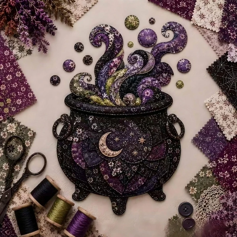 Halloween Witch Cauldron DIY Patchwork Kit Moon Star Quilting Fabric Set Gothic Witchcraft Home Decor Hand Sewing Craft Kit