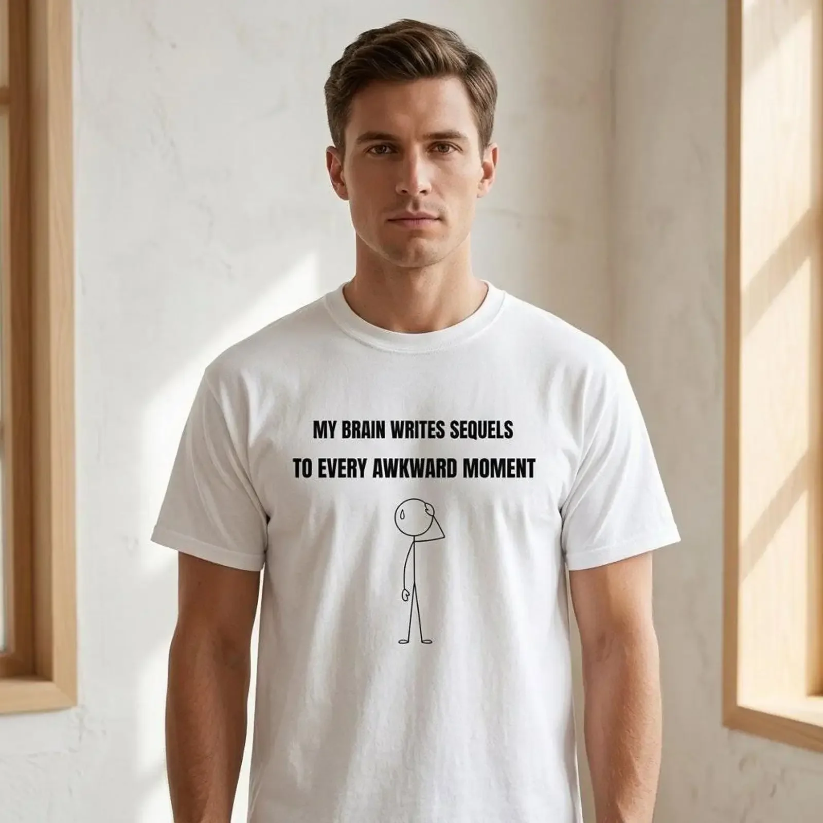 My Brain Writes Sequels To Awkward Moment Funny Introvert Overthinking Minimalist Humor Casual Cotton T Shirt vintage Washed