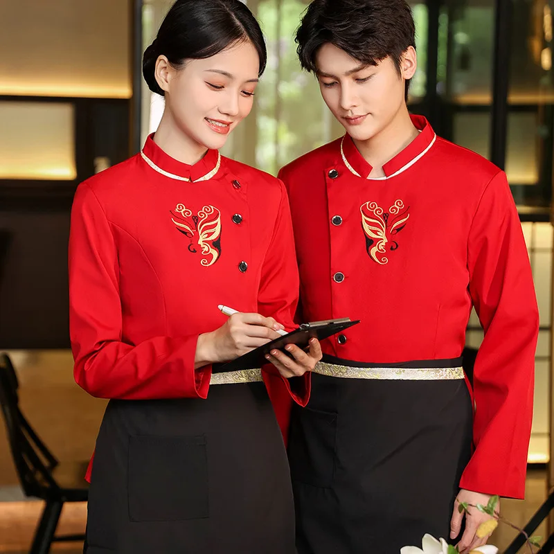 Autumn Winter Catering Waiter Workwear Women's Long-Sleeved Chinese Hotel Ethnic Style Restaurant and Tea House Hot Po