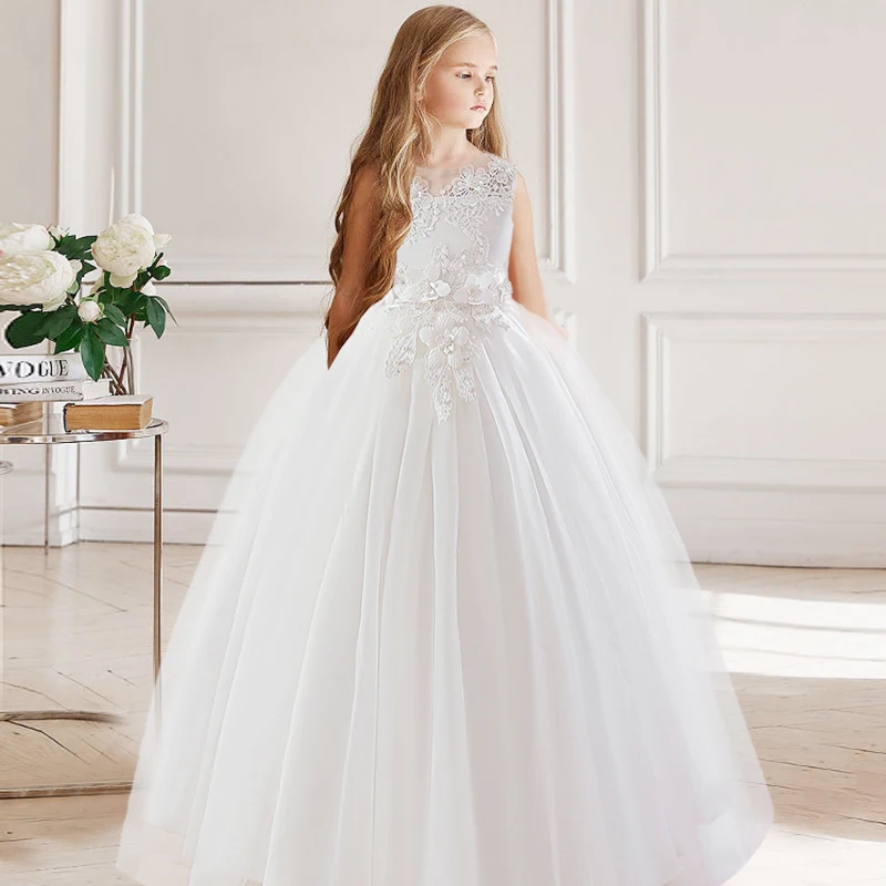 Girls Princess Dress Kids Formal Ceremony Long Prom White Evening Party Vestidos Flower Wedding Party Bridesmaid Pageant Gown
