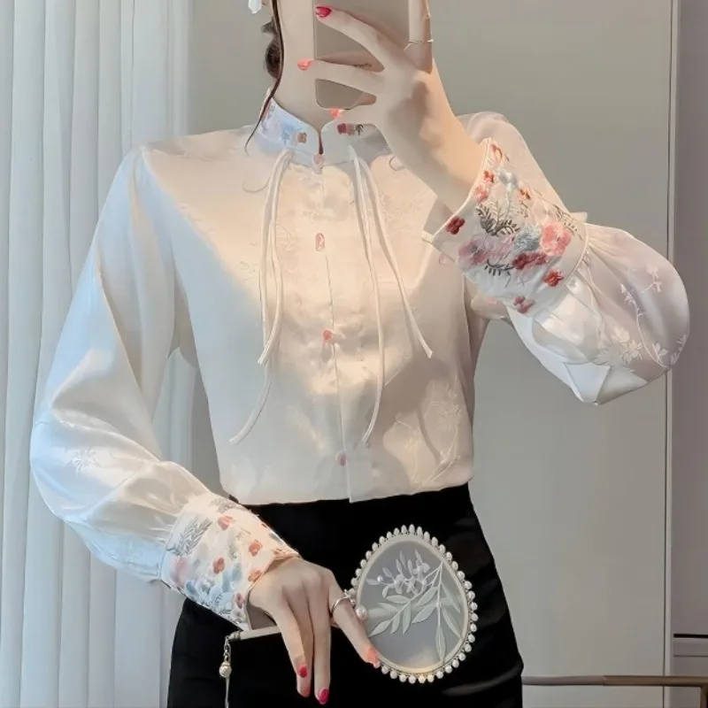 Chinese Style 2024 Spring Autumn New Blouses Women\'s Retro Fashion Stand Collar Embroidered Button Patchwork Long Sleeve Shirt S