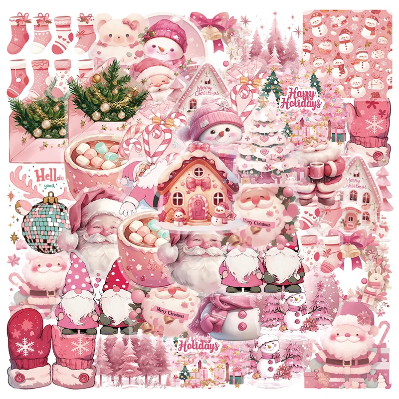 

54PCS Transparent Plastic PET Pink Christmas Stickers Santa Claus Holiday Stationery Pen Holder Children's Reward Decor Stickers