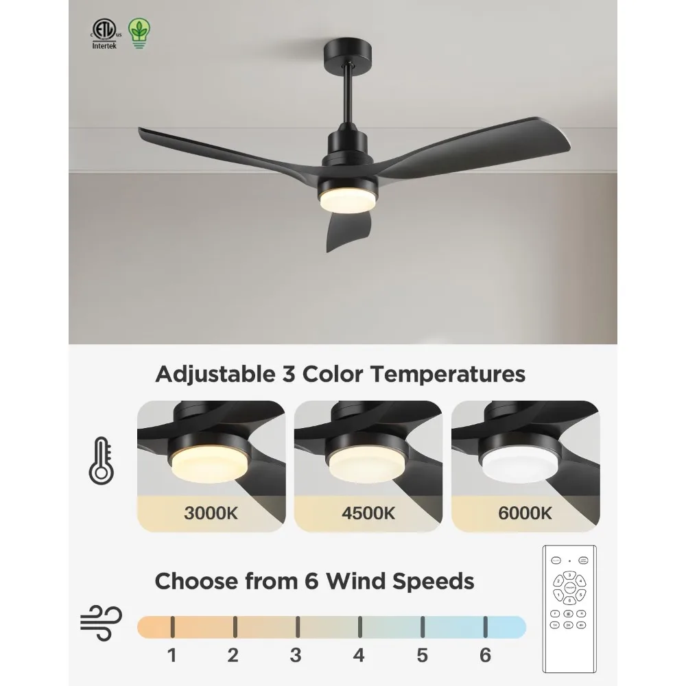 Ceiling Fan with Lights Remote Control, 52 Inch Ceiling Fans with 3 Blades, Timer, 6 Speed Modern Fan Quiet Reversible DC Motor