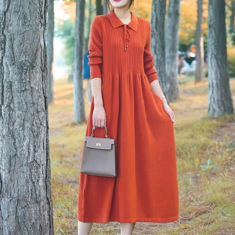 Autumn Winter New Woolen Dress Women's Long Polo Neck Loose Over Knee Dress Versatile Western Style Knitwear Bottom Long Dress