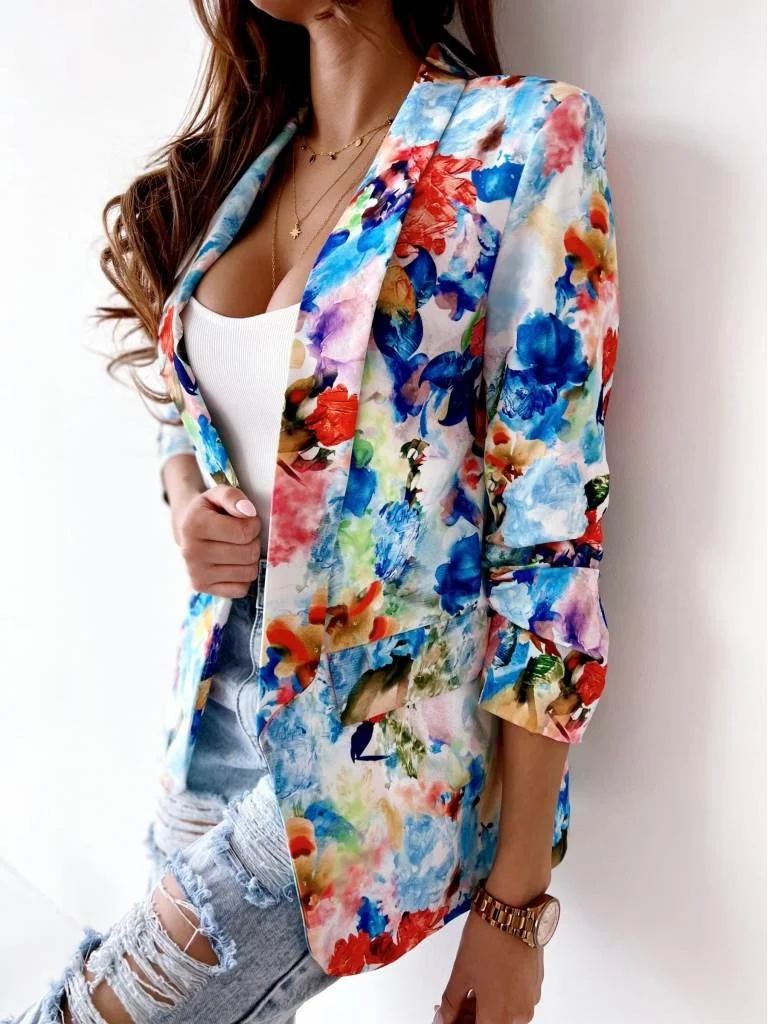 New  Women's Thin Printed Spring Outerwear Long Sve Small Suit Jaet Faionable Ele Sle Ladies' s