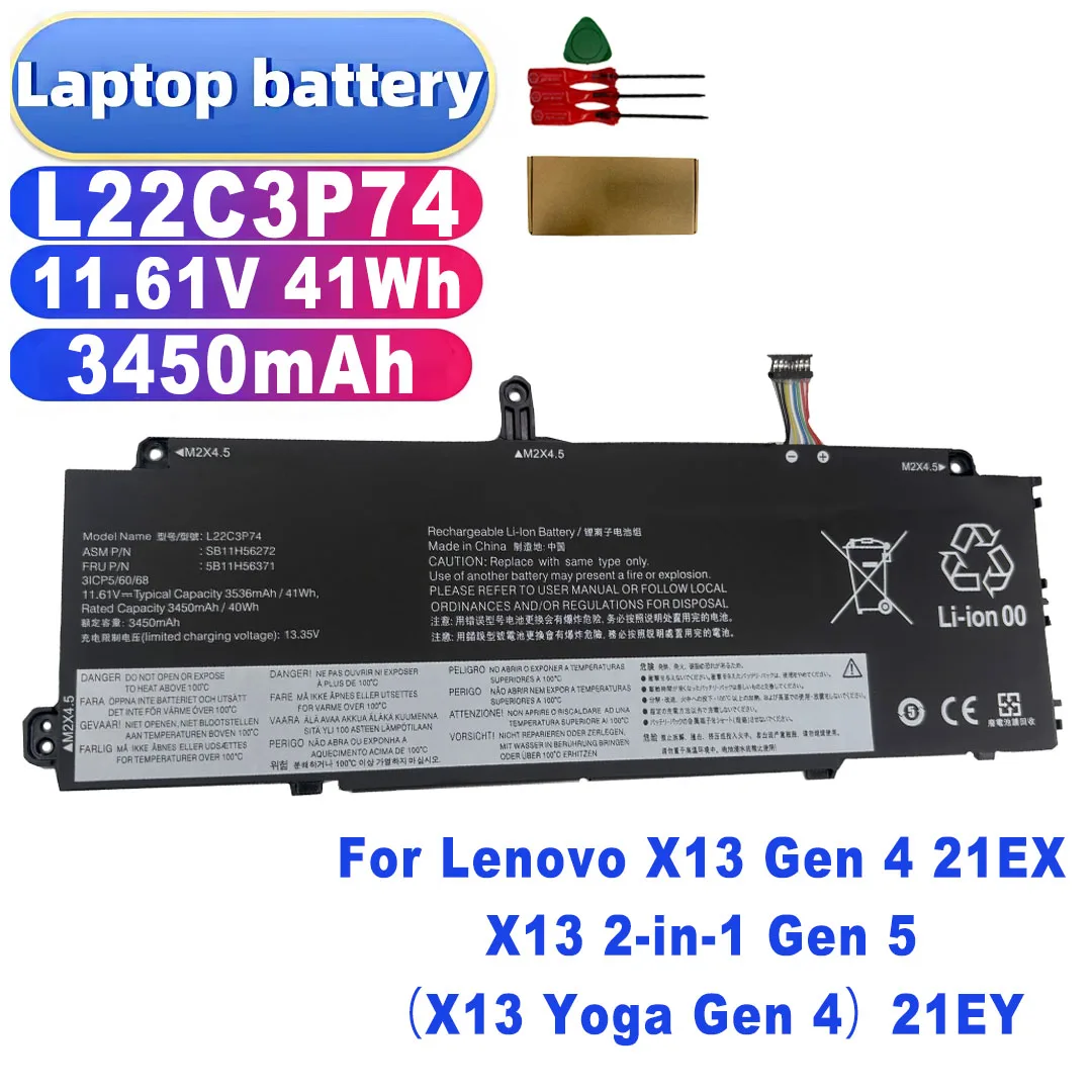 New L22C3P74 11.61V 41Wh 3450mAh Laptop Battery for Lenovo X13 Gen 4 21EX/X13 2‑in‑1 Gen 5（X13 Yoga Gen 4）21EY