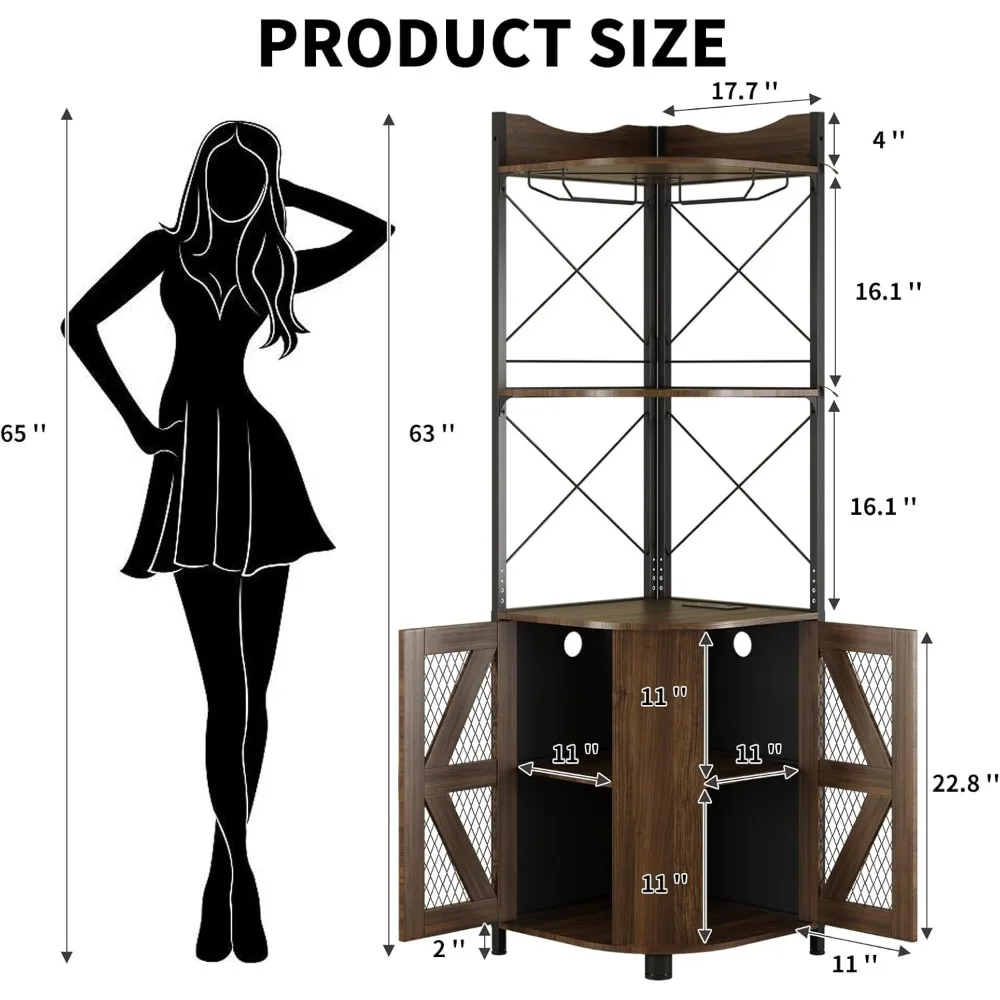 Corner bar cabinet with LED light and power outlet, 63 ", 5 level industrial bar cabinet with glass holder