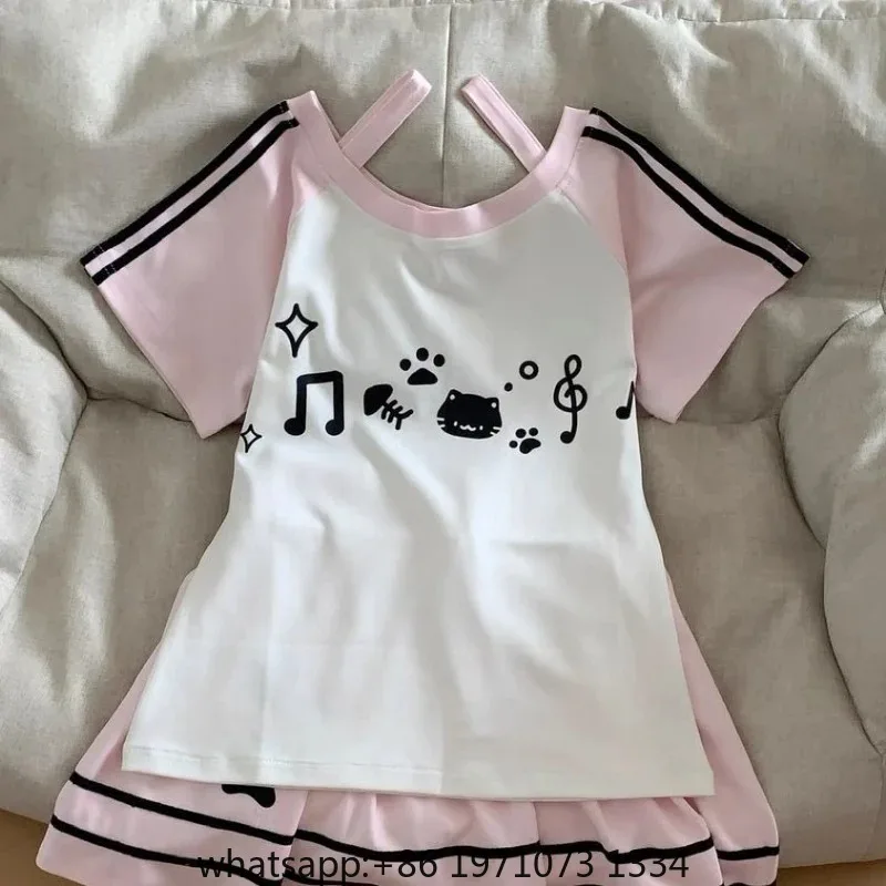 Japanese Kawaii Cartoon Printing Tshirt J2026 Summer Patchwork Women Casual Loose Tops Y2k Aesthetic Contrast Color Grunge Tees