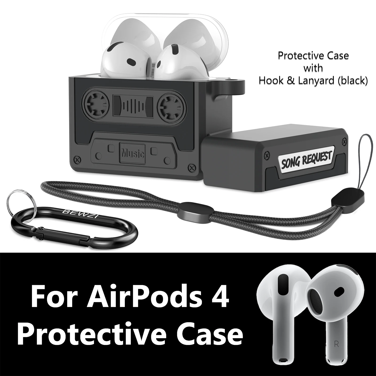 Geeignet für AirPods 4 Schutzhülle, mit Trageband und Haken, 3D-Design, dicke Anti-Fall-Box für AirPods 4