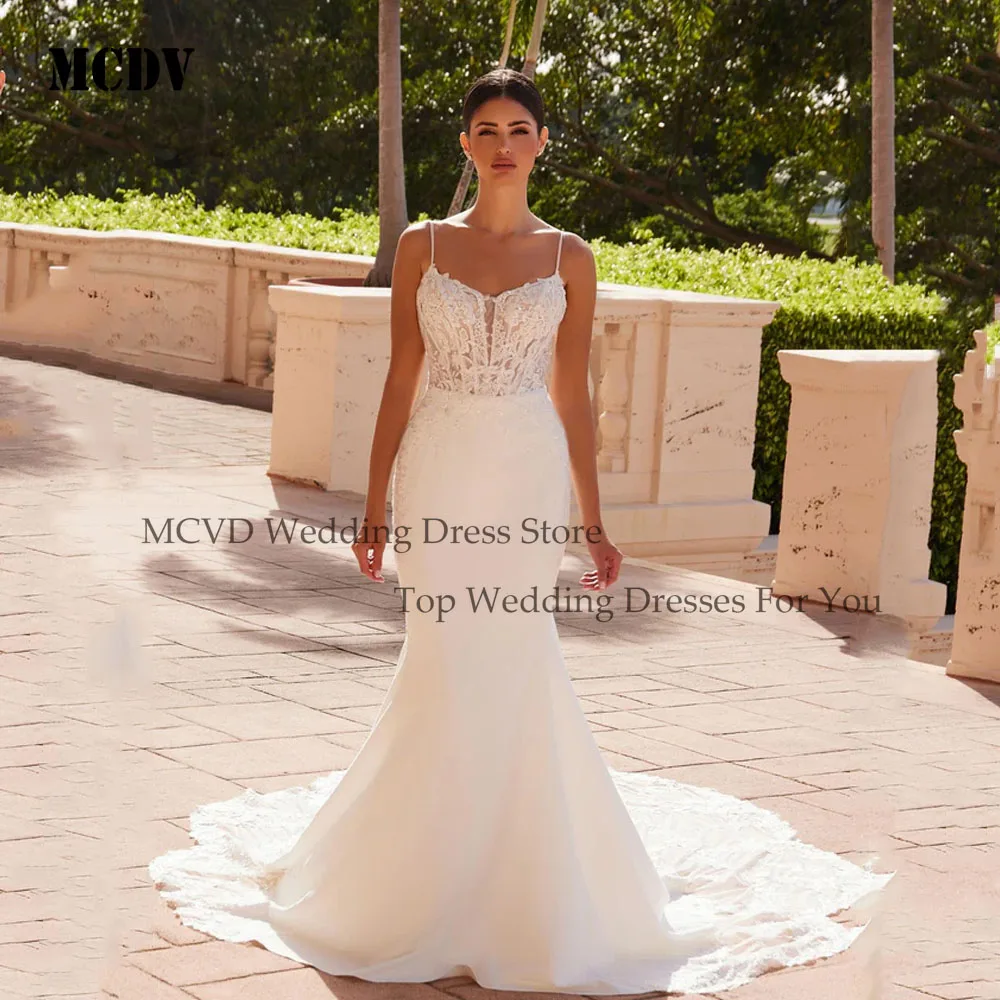 

MCDV Lace Wedding Dress Spaghetti Straps V-Neck Bride Gowns Mermaid Appliques Women Luxury Tulle Vestidos De Novia Customized