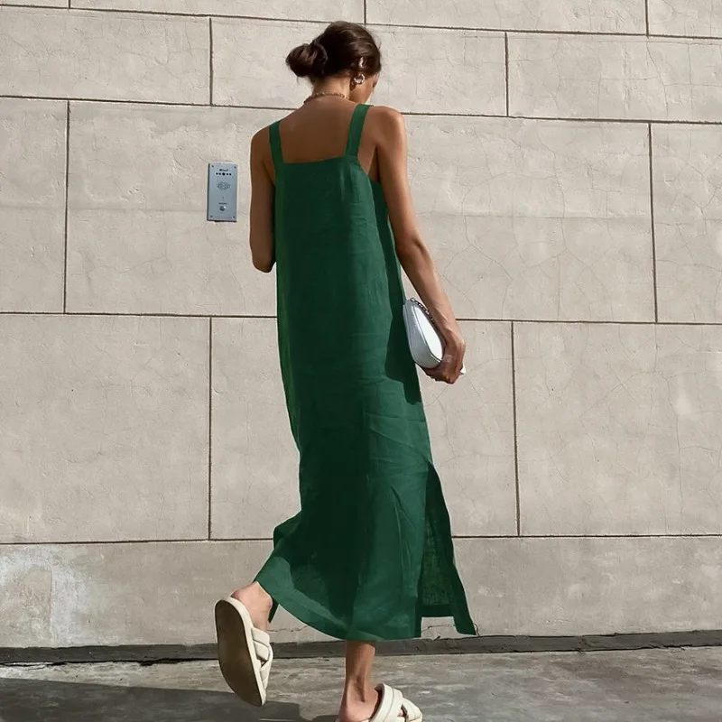 Vestido francês feminino de algodão e cânhamo, vestido casual com estilingue dividido, vestido regado verde, moda, novo, verão, 2022