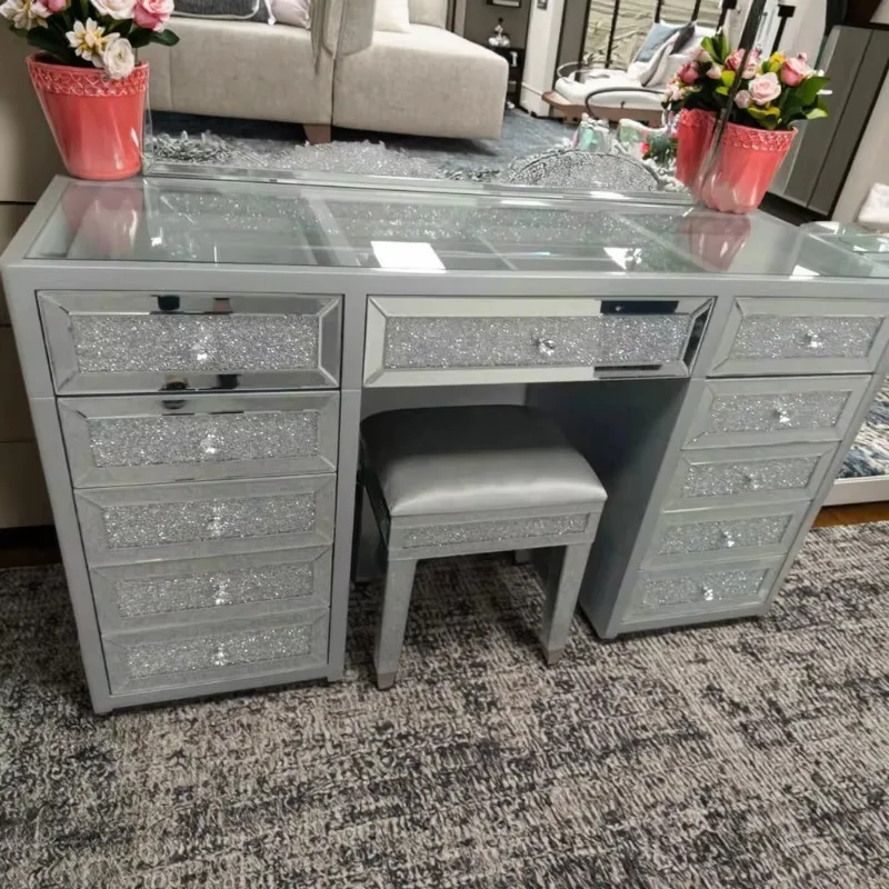 

Broken Diamond Dresser 15 Light Bulb Mirror Dresser Integrated Bluetooth Screen Speaker Light Mirror Bedroom