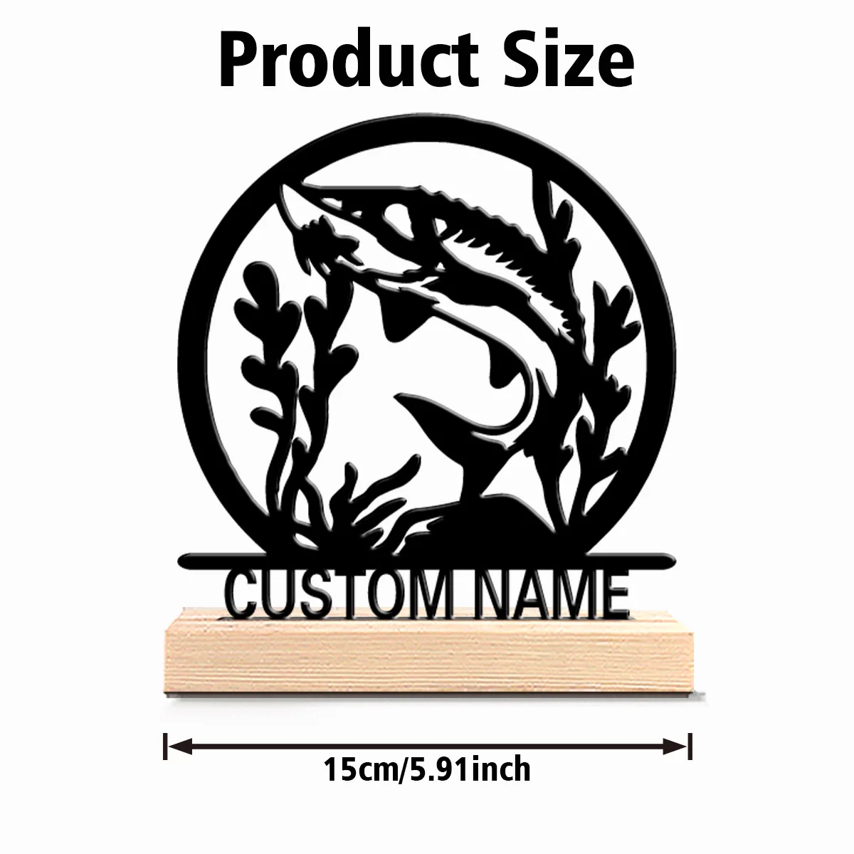 1pc Fun Personalized Custom Sturgeon Metal Statues With Wooden Base Tabletop Decoration Nautical Desk Art with Wooden Base, Perf