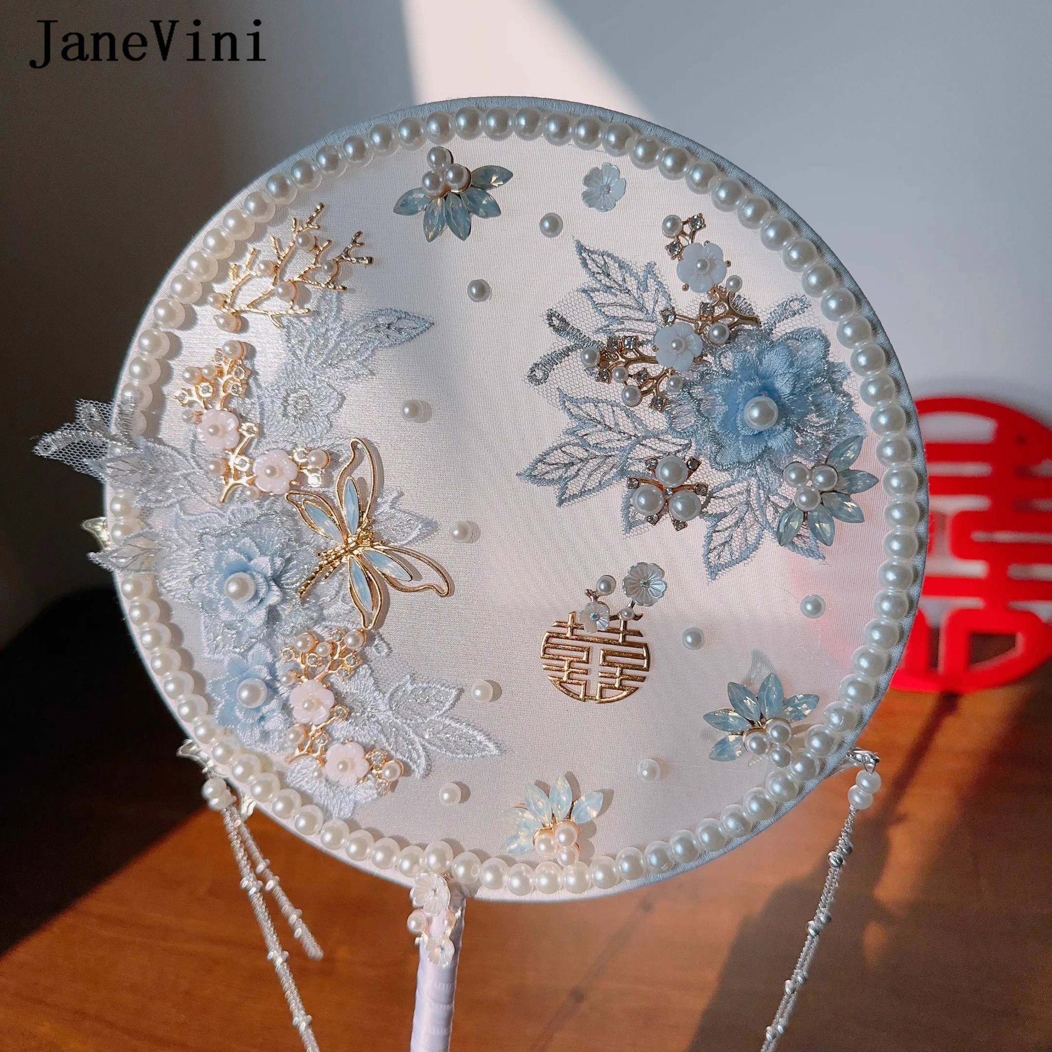 JaneVini-Éventail de Patients de Style Chinois Bleu, Fleurs Rondes en Dentelle Perlée, Bouquet de Mariage avec Perles, pour Déterminer l'Artisanat