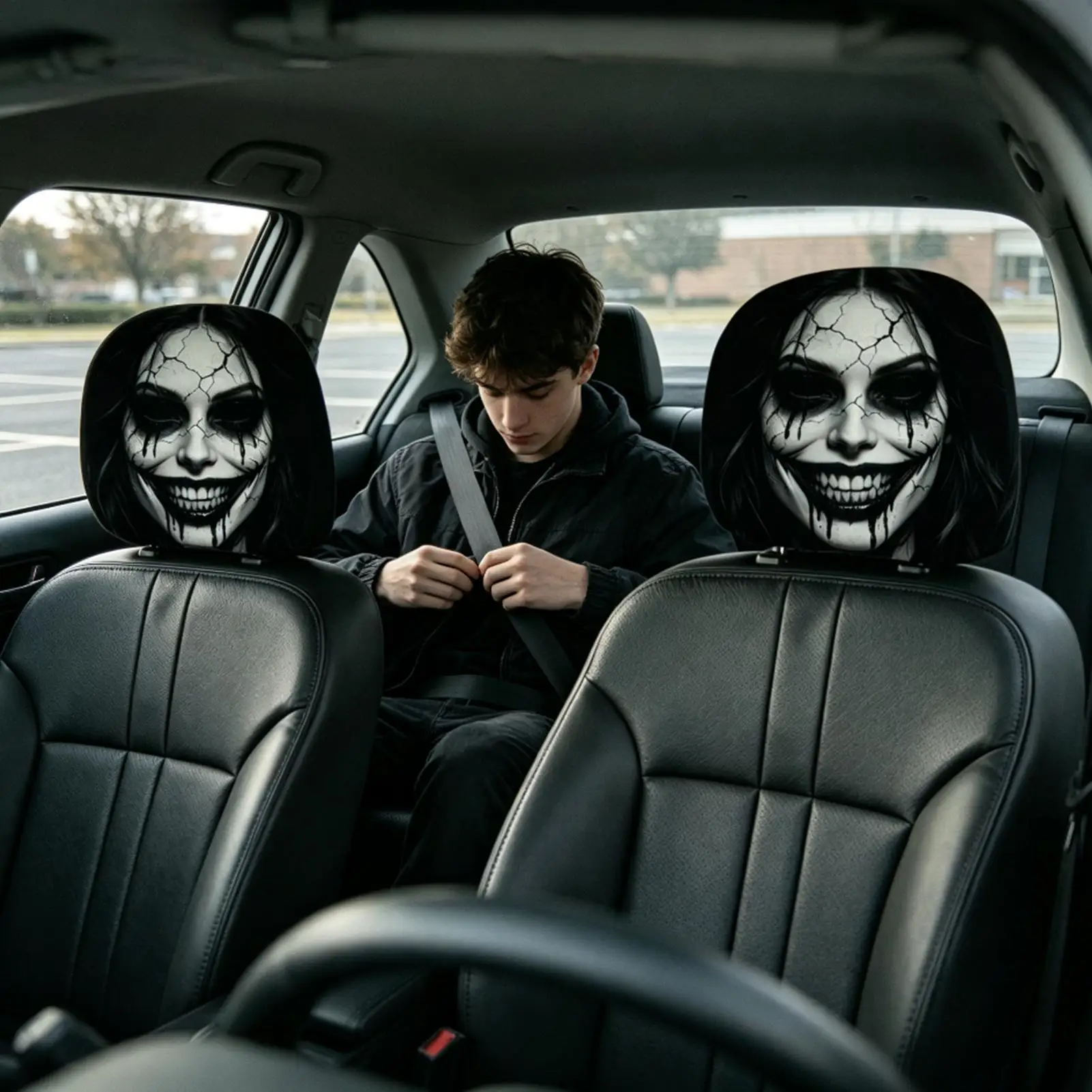 Scary Car Headrest Covers 2 Pieces Ghost Face Halloween Print Elastic Festive Headrest Protector Car Seat Accessories For