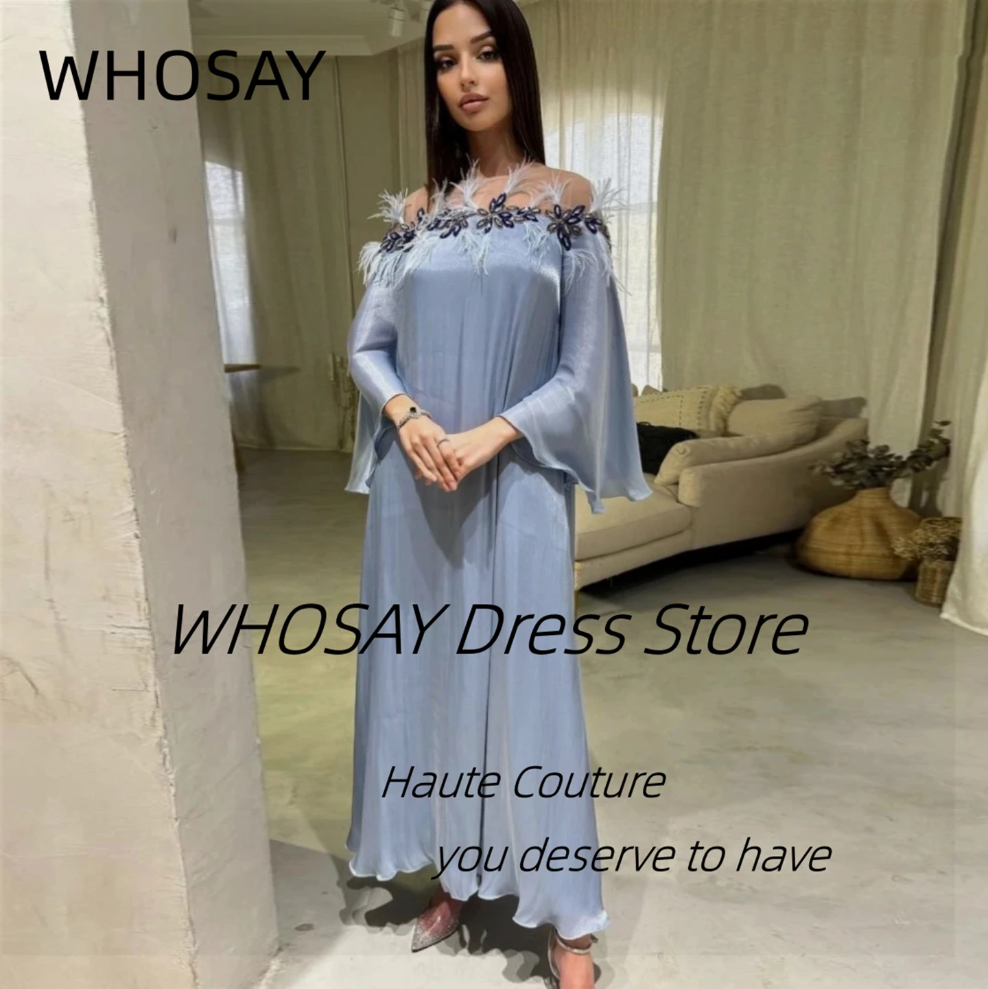 WHOSAY Robe Des Marrige Feathers Boat Neck Prom Dresses Long Sleeves Zipper Back Evening Gowns Ankle Length Party Dress