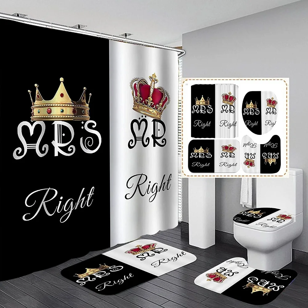 

Luxury Gold Crown Shower Curtain Set Non-slip Rugs Toilet Lid Cover Bath Mat Waterproof Bath Curtains Bathroom with Hooks Decor