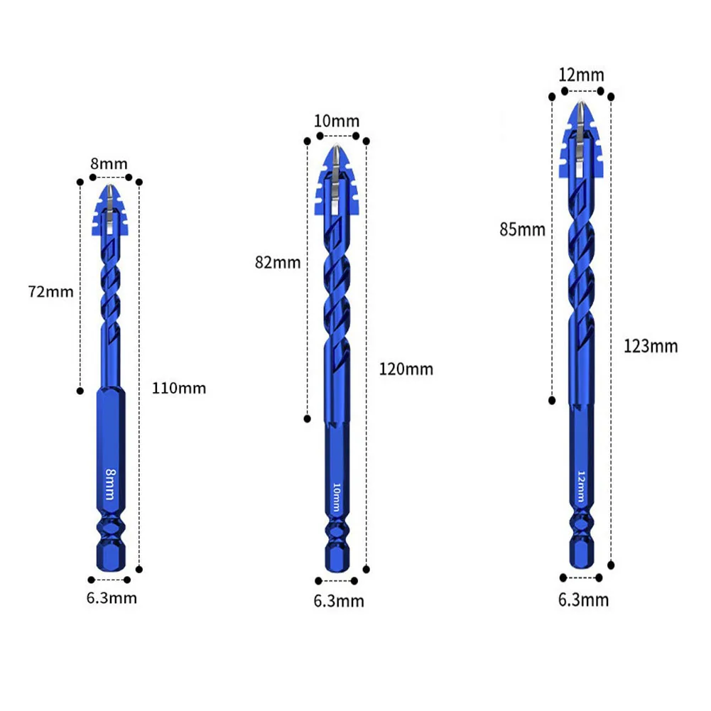 3pcs Four Flute Eccentric Drill Bit Set For Glass Hole Punching Triangle Shape Rotary Tool Masonry Brick Concrete Plastic Wood