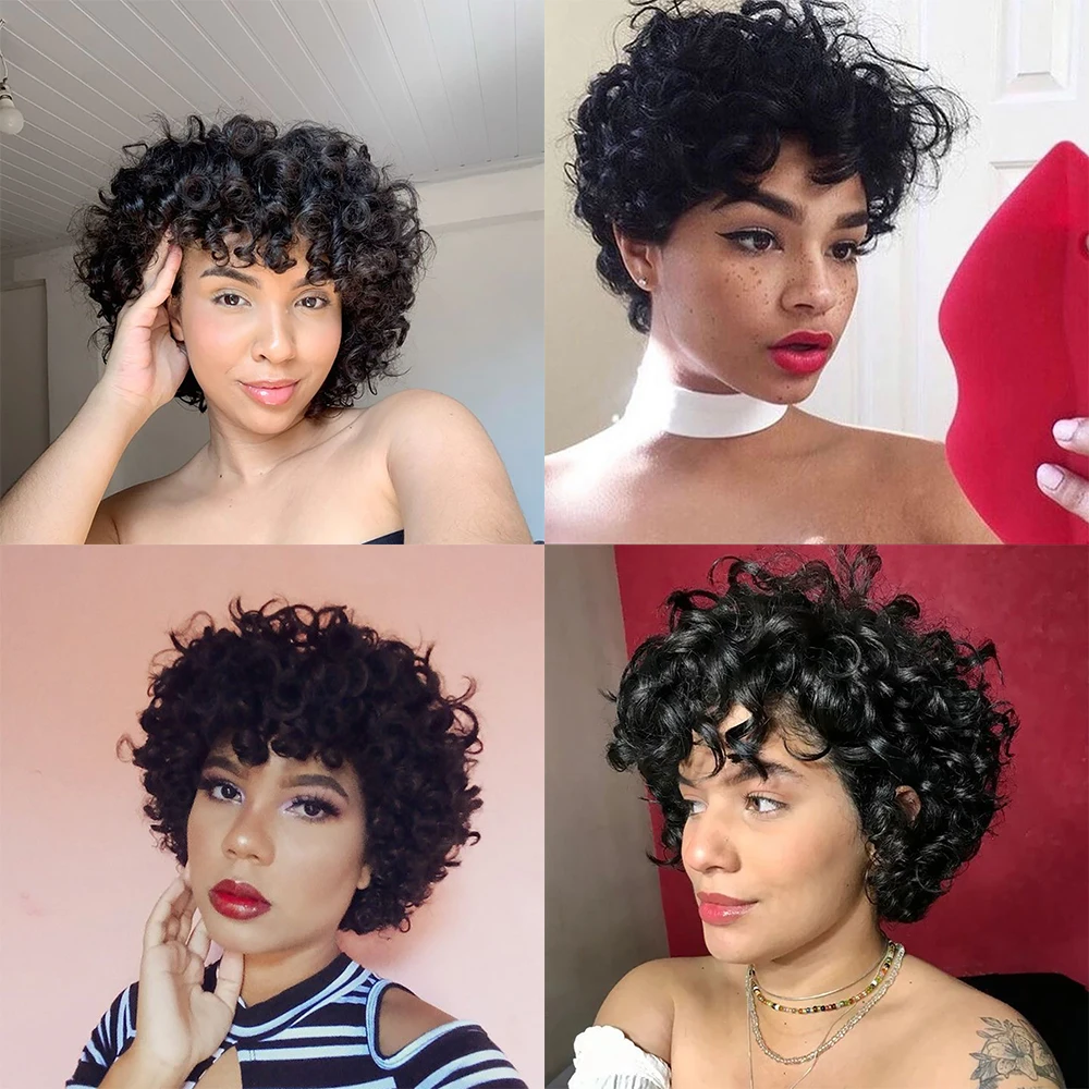 باروكة من شعر طبيعي برازيلي قصير مجعد قصير مع غرة منتفخة مسبقًا للنساء مصنوعة آليًا شعر بشري مجعد بوب #3