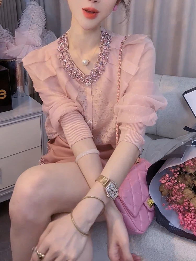 

Ele Diamond Embellied Wooden Collar irt Gentle Wind Sle Faionable Spring Top for plus Size Women Korean Commute S...