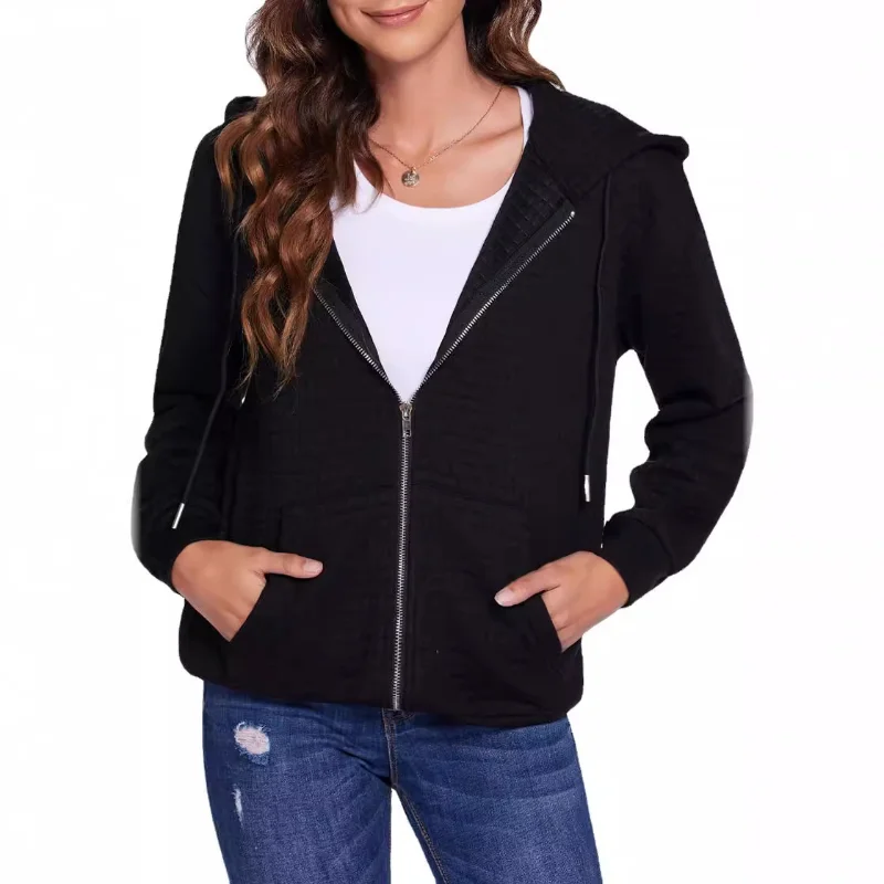 Spring And Autumn New Style Womens Hooded Pullover Sweatshirt Long Sleeve Drop Shoulder Plaid Zipper Loose Cardigan Coat