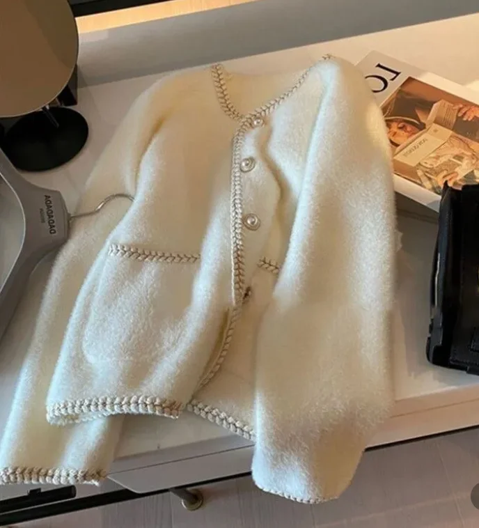 

Elegant Vintage All-match Casual Sweater Cardigan Spring Autumn White Jackets 2025 Waterproof Mink Knitted Coat Women