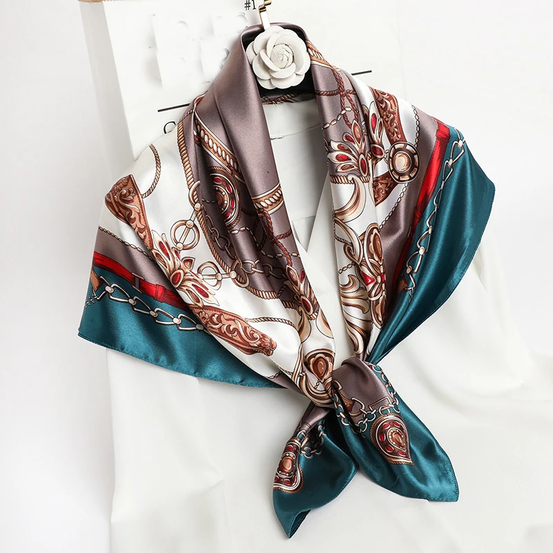 90*90cm Platz Silk Schals Frauen Hijab Schals Mode Druck Kopftuch Femme Kopf Schal Foulard Bandana Strand Pareo – Detail 3
