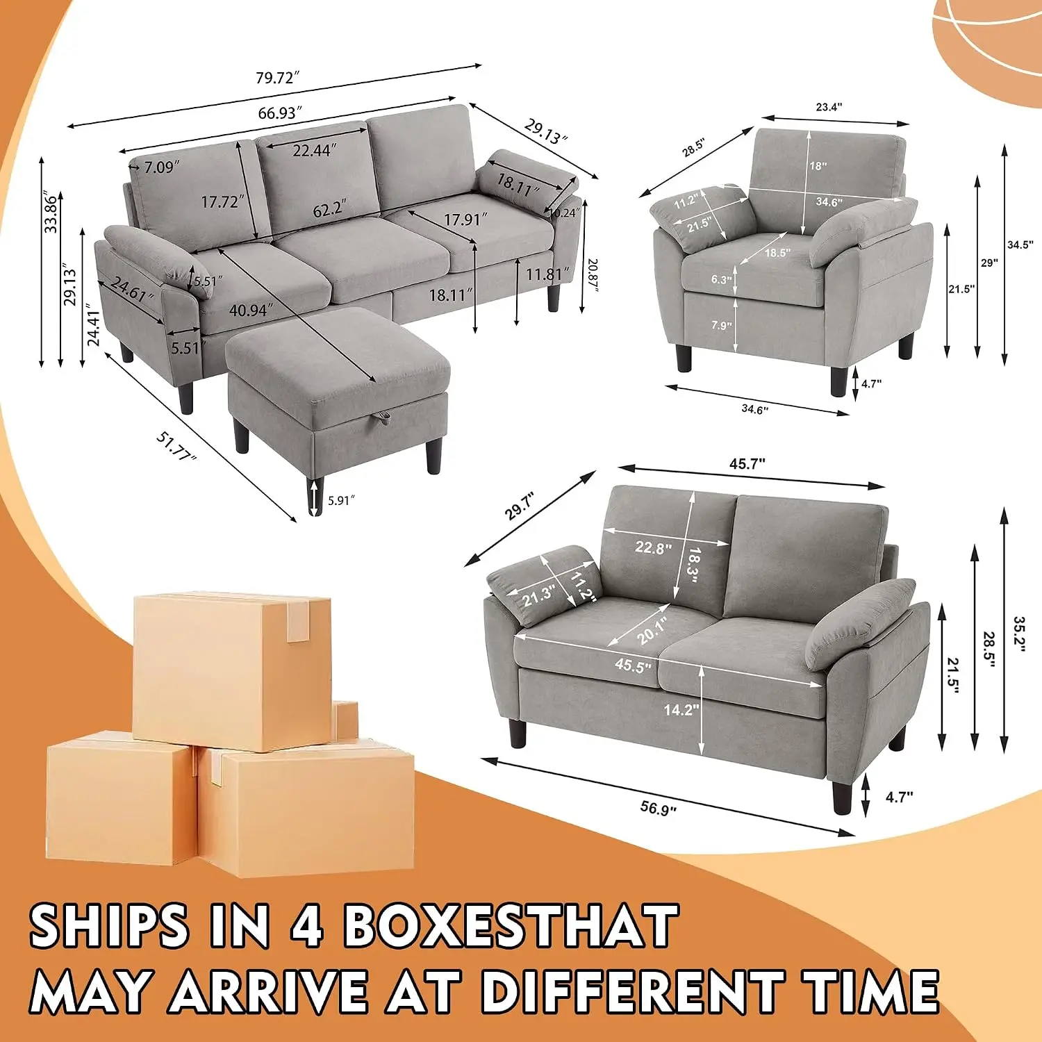 Linen L Shaped Sectional Sofa with Reversible Chaise, 3-Seater Couch for Living Room Office Apartment, Grey, Customized