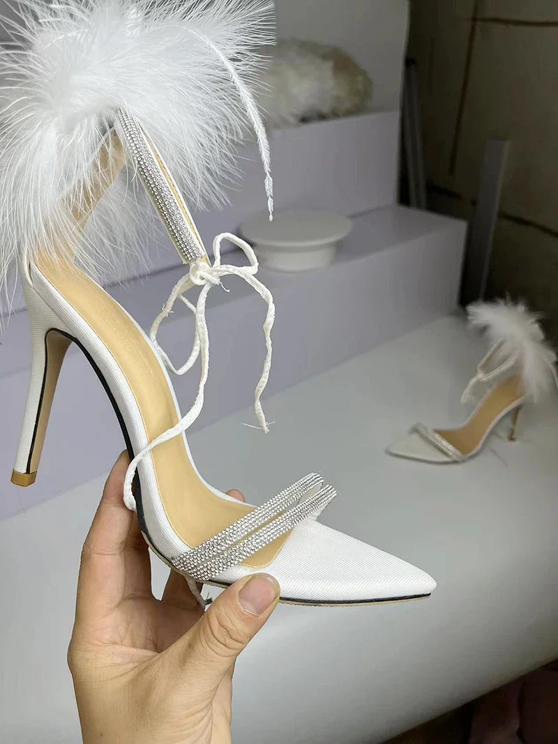 2024 New Feather Strap High Heel Shoes for Women with Thin Heels, Summer Open Toe Banquet, Sexy One line Strap Sandals for Women