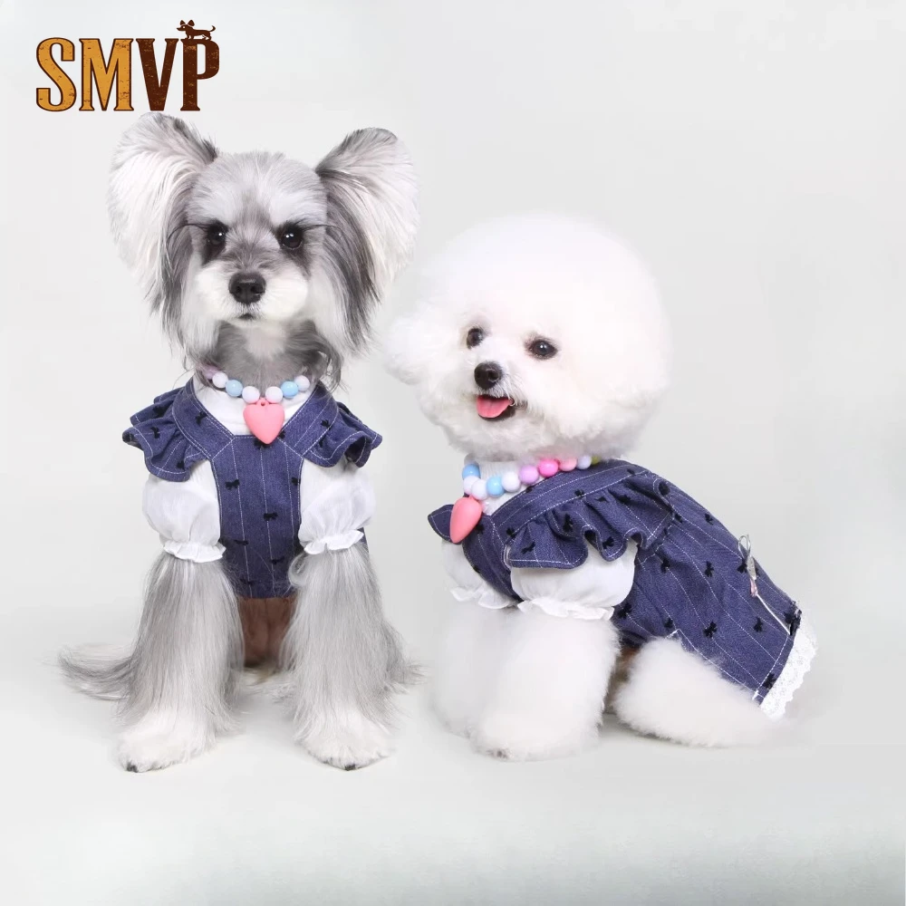 Summer Imitation Denim Korean Sweetheart Bow Small Flying Sleeve Vest Dress Cute Princess Style Small and Medium Pet Dog Dress