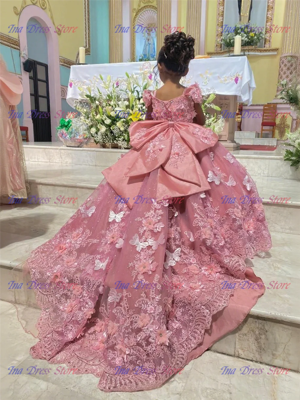 Gorgeous Quality Applique Pink Flower Girls Dress Tulle Fluffy With Long Tail For Kid Wedding Birthday Party Evening Ball Gowns