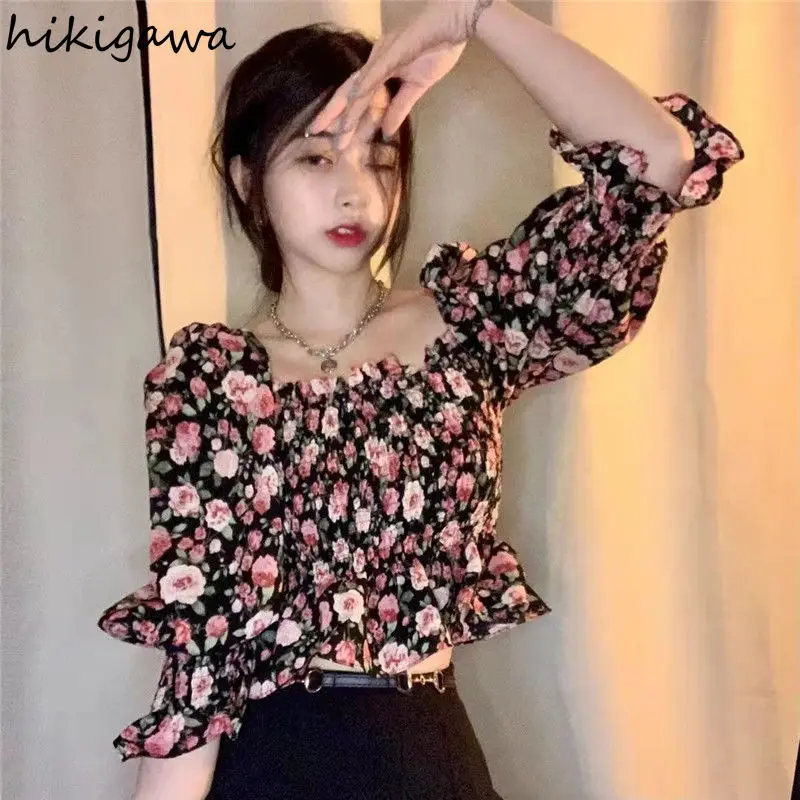 Crop Tops Summer Blouses Women 2024 Blusas Mujer De Moda Square Collar Puff Sleeve Shirts Backless Floral Chiffon Sweet Blouse