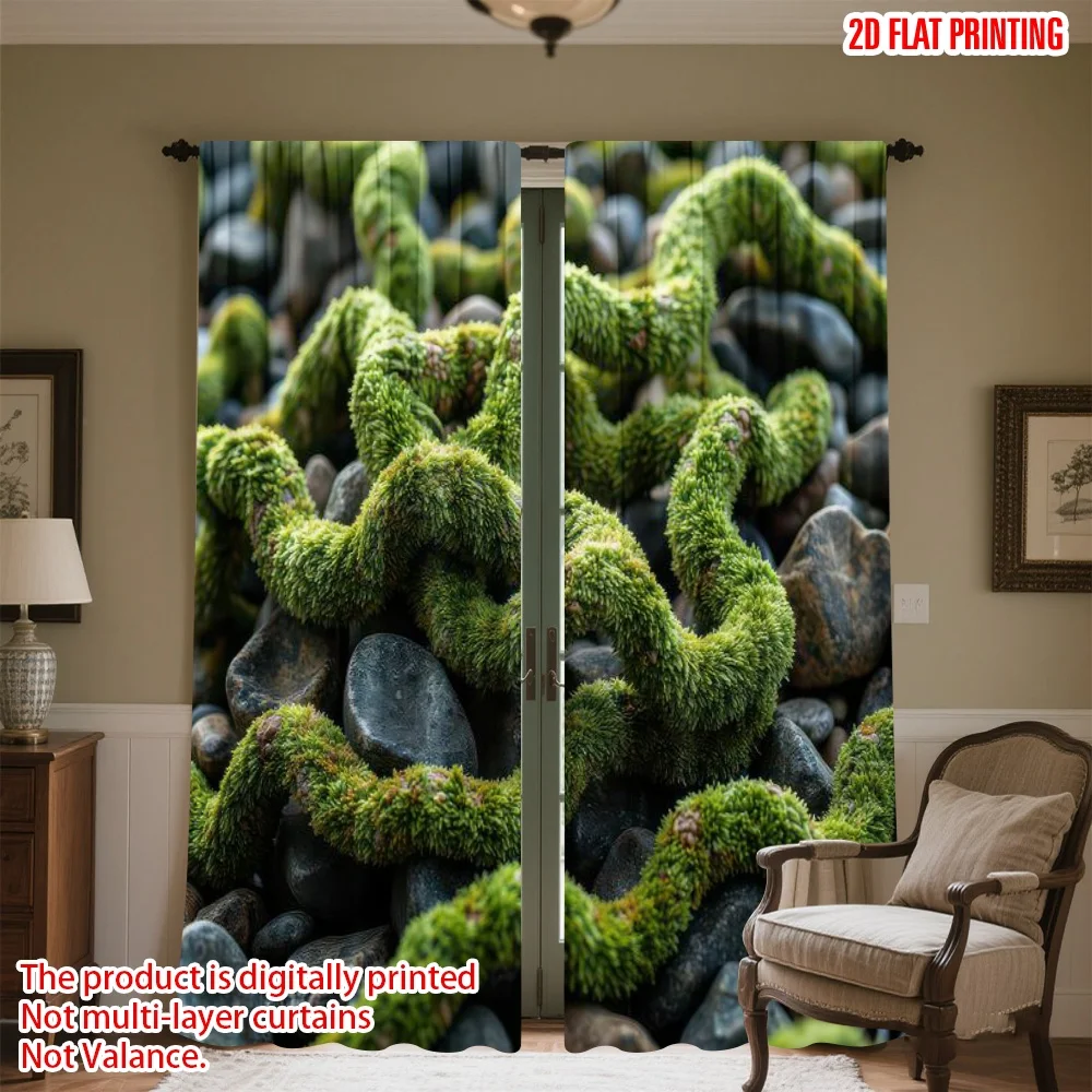 

2D flat printing 2pcs Window Treatment Curtains Curly Green Moss Trails Digital Printed Polyester Drapes Birthday Party Use for