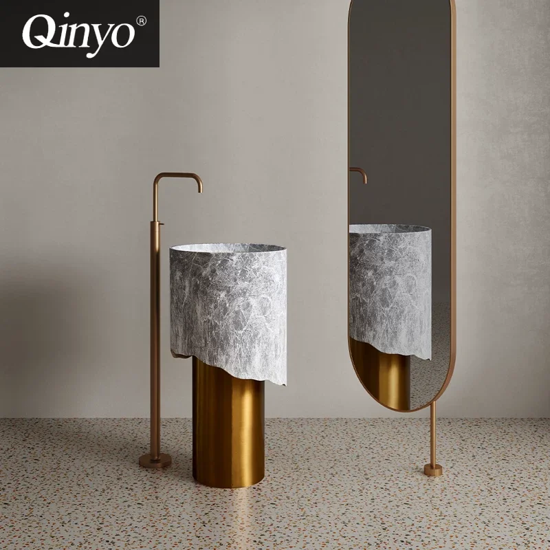 450*920mm Artistic Design 304 Stainless Steel Floor-Mounted Pedestal Basin Round Marble-Patterned Bathroom Sink Premium Quality
