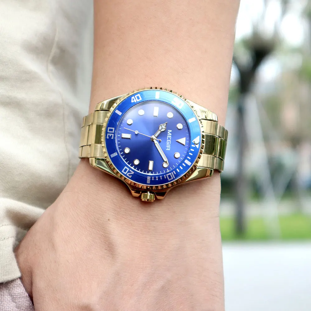 MEGIR Men's Minimalist Quartz Watch with Luminous Hands Calendar Date Stainless Steel Band Simple Business Style Wristwatch