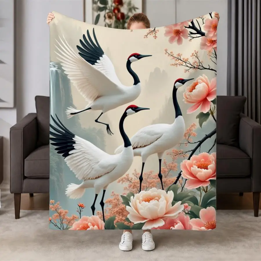 Elegant Crane And Peony Flannel Throw Blanket - Soft, Warm Traditional East Asian Garden Design with Soaring Birds And Blossoms, Ideal for Couch, Bed, Office & Travel, Perfect Gift for Friends & Family