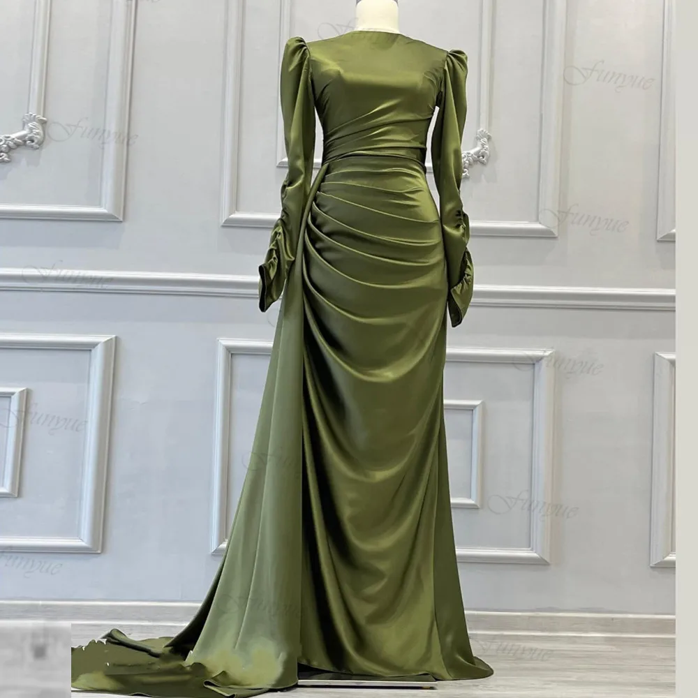 

Elegant Dubai Olive Green Evening Gowns for Women 2024 Satin Pleated Full Sleeves Formal Dress Mermaid